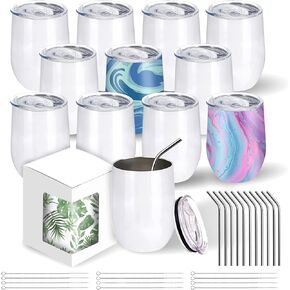 BetterSub 12 Packs Sublimation Wine Tumblers 12oz Double Wall Insulated Sublimation Blanks Tumblers, Stainless Steel Sublimation Cups with Lid, Metal Straw, Brush, Display Box, White