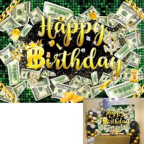 7x5ft Money Dollar Bill Green Backdrop Diamond Money Bag Gold Hip Hop Background Boy Girl Men Cash Bash Birthday Party Props Photo Booth Decor