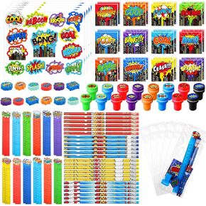 168 Pcs Hero Party Favor Set Include Hero Birthday Mini Notebook Hero Theme Sticker Pencil Stamper Ruler Eraser for Hero Themed Celebration Gifts Classroom Rewards Favor Party Supplies
