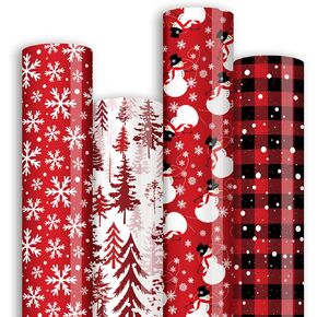 Whaline 12 Sheet Christmas Winter Wrapping Paper Red Snowflake Xmas Tree Snowman Plaid Printed Art Paper 27.6 x 19.7 Inch Xmas Folded Flat Gift Wrap Paper for Winter Holiday Birthday Party