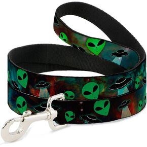 Dog Leash Aliens Ufos Galaxy Green Black White 4 Feet Long 1.0 Inch Wide