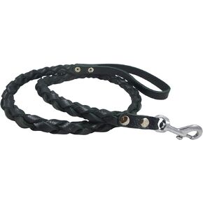 Black 4-Thong Round Fully Braided Genuine Leather Dog Leash, 4 Ft Long, Large Breeds