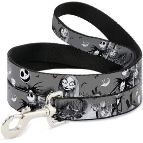 Buckle-Down Pet Leash - NBC Jack & Sally Cemetery Scene Gray/Black/White - 6 Feet Long - 1" Wide