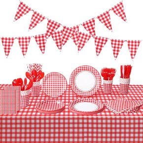 205 Pcs Party Supplies for 25 Guest Checkered Plaid Tablecloth Pennant Banner Plate Cup Napkin Cutlery and Straw for Birthday Party Family Dinner Picnic BBQ Birthday Party Decoration (Blue and White)