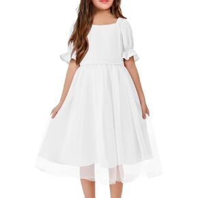 Batermoon Girls Summer Tutu Tulle Dress Puff Short Sleeve Square Neck Flowy Sundress Casual Party Midi Dresses 5-14Y
