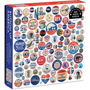 Galison Button Up America Puzzle, 500 Pieces, 20" x 20" – Jigsaw Puzzle Featuring A Photo of Political Campaign Buttons from American History – Challenging and Ideal for Family Fun