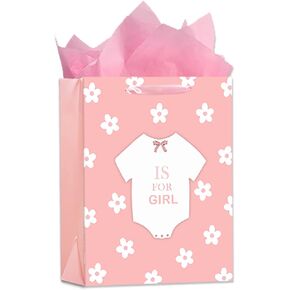 2 PCS Baby Gift Bags Pink Baby Gift Bag Baby Girl Gift Bag Large Baby Gift Bag with 4 Tissue Papers (2PCS Pink giraffe+Pink clothe)