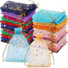 Tatuo 500 Pcs Moon Star Organza Bags Bulk 4.7 x 3.5 Inch Small Gift Bags Mesh Drawstring Gift Assorted Colors Jewelry Pouch for Birthday Wedding Baby Shower Festival Party Favor