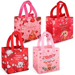 4PCS Happy Valentines Day Reusable Gift Bags, Treat Bags with Handles, Valentines Day Party Bags, Multifunctional Non-Woven Valentines Bags for Gifts Wrapping, Valentines Party Supplies, 7.9 × 7.9 ×