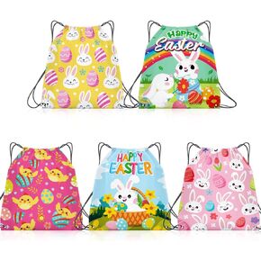 Whaline 5Pcs Easter Drawstring Backpack Bags Large Easter Bunny Rabbit Egg Chick Happy Easter Colorful Goody Treat Candy Gift Bags for Easter Spring Birthday Party Favor Supplies