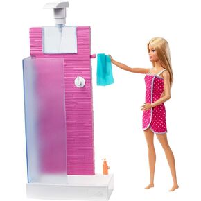 Barbie Doll and Furniture Set, Bathroom with Working Shower and Three Bath Accessories, Gift Set for 3 to 7 Year Olds​​