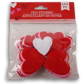 Daisy Crafts Heart Shaped Valentine Themed Felt Mini Sticker Set - Red, White, and Pink - 100 Piece