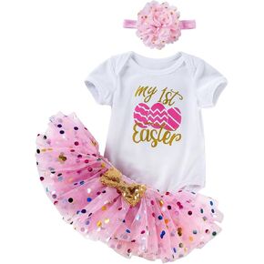 طقم ملابس للفتيات الصغيرات لعيد الفصح الأول بأكمام قصيرة مكون من 3 قطع تنورة مقاس 0-24 شهرًا in Kuwait