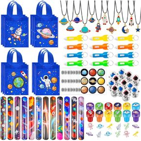 Ctosree 192 Pcs Space Theme Party Favors, Non Woven Bags with Handle, Slap Bracelets, Space Tumbler, Stampers, Necklace, Stickers, Helicopter Keychains for Birthday Party