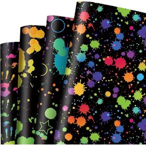AnyDesign 12 Sheet Glow Party Wrapping Paper 4 Design Black Neon Art Packaging Paper Folded Flat DIY Art Craft Paper for Birthday Party Baby Shower DIY Gift Wrap, 19.7 x 27.6 Inch