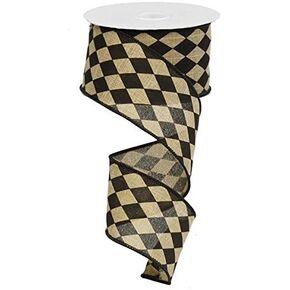 Harlequin Ribbon, Black and Tan Faux Burlap Ribbon, 2.5" Wide x 10 Yards, Wired Edge in Kuwait