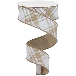 Diagonal Stripe/Check Wired Edge Ribbon - 10 Yards (Light Tan, White, 1.5")
