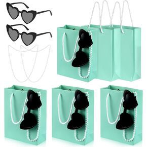 18 Pieces Teal Blue Party Favor Gift Bags Set 6 Pieces Teal Blue Merchandise Paper Gift Bags with Handles 6 Pieces Pearl Necklace 6 Pieces Retro Heart Sunglasses for Teal Blue Party Turquoise Party Favors