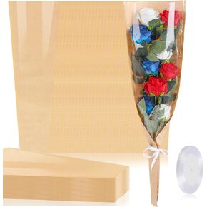 CCINEE 50Pcs Flower Wrapping Bags Kraft Paper Floral Packing Sleeves Bouquet Bags Clear Flower Wrapping Sleeves with Ribbon for Wedding Birthday Graduation Anniversary Supplies,8.7x4.7x24.8 Inch
