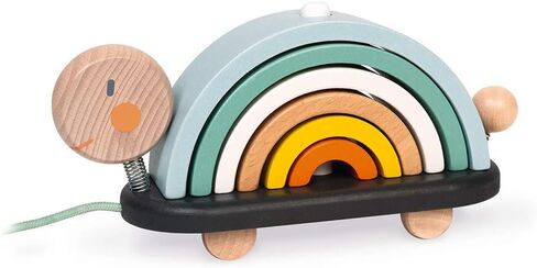 Janod - Sweet Cocoon Wooden Rainbow Turtle Stacking and Pull Toy 7 Piece Building and Nesting Stack with 6 Pastel Arches, Wobbling Head and Tail and String - Ages 18 Months+ - J0440 in Saudi Arabia