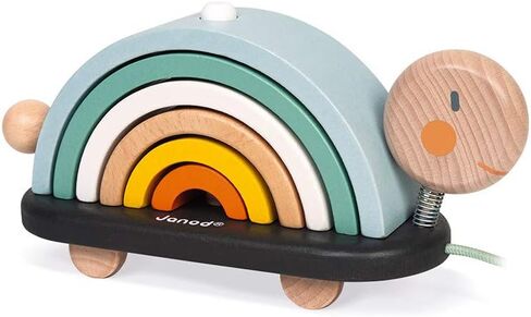 Janod - Sweet Cocoon Wooden Rainbow Turtle Stacking and Pull Toy 7 Piece Building and Nesting Stack with 6 Pastel Arches, Wobbling Head and Tail and String - Ages 18 Months+ - J0440 in Saudi Arabia
