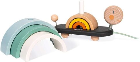 Janod - Sweet Cocoon Wooden Rainbow Turtle Stacking and Pull Toy 7 Piece Building and Nesting Stack with 6 Pastel Arches, Wobbling Head and Tail and String - Ages 18 Months+ - J0440 in Saudi Arabia