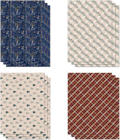 أوراق ورق تغليف مسطحة لعيد الميلاد - 12 ورقة مع 4 أنماط باللون الأحمر والأزرق - تصميم مسطح مقطوع مسبقًا ومطوي (20 بوصة × 27.5 بوصة لكل ورقة) in Kuwait