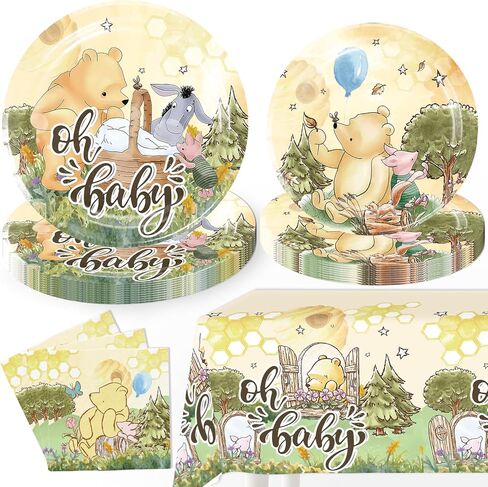 76pcs Bear Baby Shower Decorations Tableware Set, Oh Baby Pooh Plates and Napkins Tablecloth Set Bear Baby Shower Decorations, for Boys Girls Newborn Birthday Decorations in Kuwait