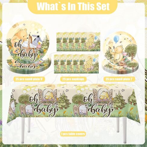 76pcs Bear Baby Shower Decorations Tableware Set, Oh Baby Pooh Plates and Napkins Tablecloth Set Bear Baby Shower Decorations, for Boys Girls Newborn Birthday Decorations in Kuwait