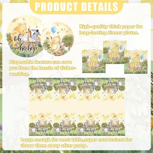 76pcs Bear Baby Shower Decorations Tableware Set, Oh Baby Pooh Plates and Napkins Tablecloth Set Bear Baby Shower Decorations, for Boys Girls Newborn Birthday Decorations in Kuwait