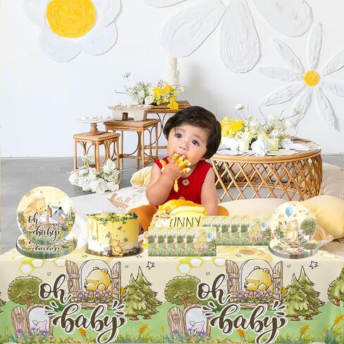 76pcs Bear Baby Shower Decorations Tableware Set, Oh Baby Pooh Plates and Napkins Tablecloth Set Bear Baby Shower Decorations, for Boys Girls Newborn Birthday Decorations in Kuwait