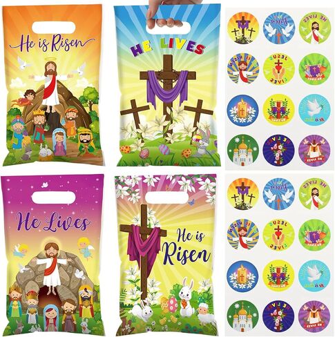 100 قطعة من أكياس هدايا عيد الفصح من Outus مع 120 قطعة من ملصقات وشم عيد الفصح He Is Risen عيد الفصح البلاستيكي، حقيبة حلوى عيد الفصح مع مقابض، حقيبة جودي على شكل أرنب ديني لبيضة عيد الفصح من أجل حفلة عيد الفصح الربيعية in Saudi Arabia