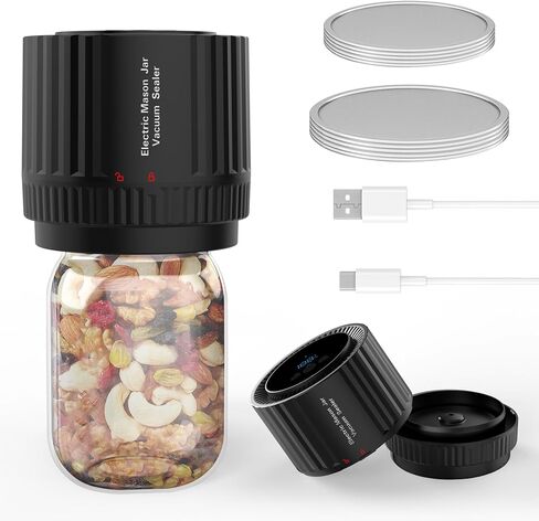 Electric Mason Jar Vacuum Sealer - Cannning Vacuum Sealer Compatible with Wide-Mouth and Regular-Mouth Mason Jars Vacuum Sealer Kit for Food Storage with LED Display -Black in Kuwait