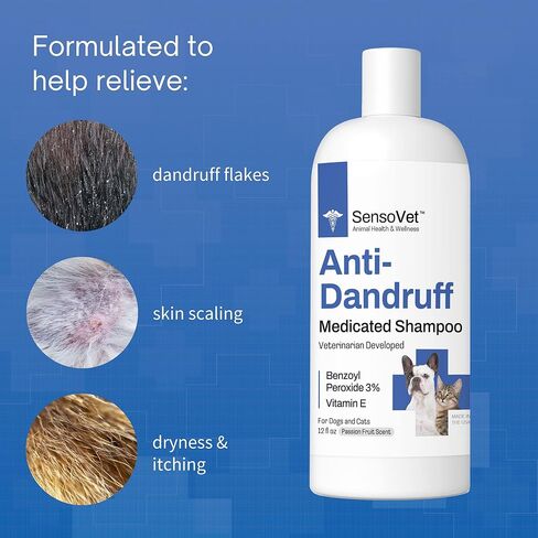 Dandruff Shampoo for Cats & Dogs - Benzoyl Peroxide with Vitamin E - Medicated Treatment for Itchy & Dry Skin, Seborrhea, Mange, Folliculitis, Dermatitis, Acne, Flakes & Skin Scaling - 12oz in Kuwait