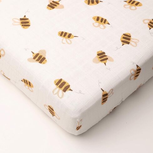 Muslin Crib Sheets - Fitted Bedding Covers for Baby & Toddler Mattresses - Soft, Breathable, Hypoallergenic Bed Protector - Made with Bamboo Viscose- Cute Hand-Drawn - Bee (52 x 28 x 9) in Kuwait