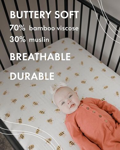 Muslin Crib Sheets - Fitted Bedding Covers for Baby & Toddler Mattresses - Soft, Breathable, Hypoallergenic Bed Protector - Made with Bamboo Viscose- Cute Hand-Drawn - Bee (52 x 28 x 9) in Kuwait