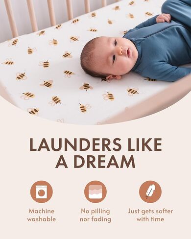 Muslin Crib Sheets - Fitted Bedding Covers for Baby & Toddler Mattresses - Soft, Breathable, Hypoallergenic Bed Protector - Made with Bamboo Viscose- Cute Hand-Drawn - Bee (52 x 28 x 9) in Kuwait
