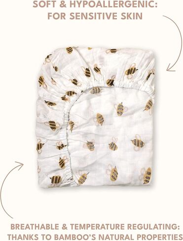 Muslin Crib Sheets - Fitted Bedding Covers for Baby & Toddler Mattresses - Soft, Breathable, Hypoallergenic Bed Protector - Made with Bamboo Viscose- Cute Hand-Drawn - Bee (52 x 28 x 9) in Kuwait