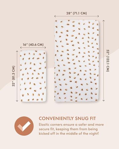 Muslin Crib Sheets - Fitted Bedding Covers for Baby & Toddler Mattresses - Soft, Breathable, Hypoallergenic Bed Protector - Made with Bamboo Viscose- Cute Hand-Drawn - Bee (52 x 28 x 9) in Kuwait