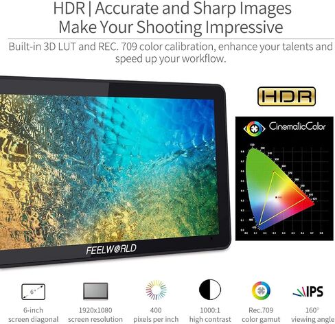 FEELWORLD F6 Plus V2 6-inch Camera Field Touch Screen Monitor with HDR 3D Lut Small Full HD 1920x1080 IPS Video Peaking Focus Assist 4K HDMI 8.4V DC Input Output Include Tilt Arm in Saudi Arabia