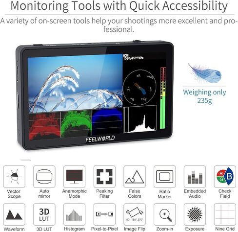 FEELWORLD F6 Plus V2 6-inch Camera Field Touch Screen Monitor with HDR 3D Lut Small Full HD 1920x1080 IPS Video Peaking Focus Assist 4K HDMI 8.4V DC Input Output Include Tilt Arm in Saudi Arabia