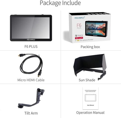 FEELWORLD F6 Plus V2 6-inch Camera Field Touch Screen Monitor with HDR 3D Lut Small Full HD 1920x1080 IPS Video Peaking Focus Assist 4K HDMI 8.4V DC Input Output Include Tilt Arm in Saudi Arabia