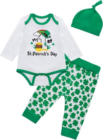 Baby Boys My First St. Patrick's Day Outfit Infant Clover Bodysuit Lucky Charm Pants with Hat in Saudi Arabia