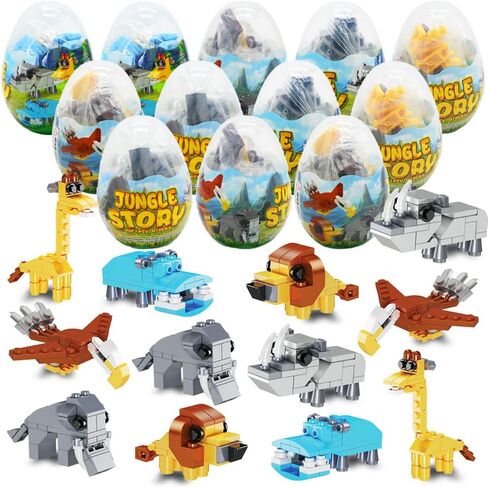 WODMAZ 12PCS PreFilled Easter Eggs with Jungle Animals Building Blocks, Easter Safari Animals Toys Set for Kids Easter Gifts, Easter Basket Stuffers Fillers, Easter Hunt Classroom Prize Toys in Saudi Arabia