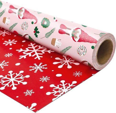 لفة ورق جامبو قابلة للعكس لعيد الميلاد - جنوم وردي ورقاقات ثلجية حمراء - 30 بوصة × 100 قدم in Kuwait