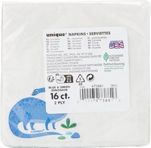 Blue & Green Dinosaur Disposable Beverage Napkins (Pack of 16) - Perfect for Dinosaurs-themed Parties & Celebrations in Saudi Arabia