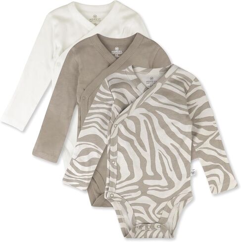 HonestBaby 3-pack Long Sleeve Side-snap Kimono Bodysuits Organic Cotton for Infant Baby Boys, Girls, Unisex, Zanzibar Zebra, Newborn in Saudi Arabia
