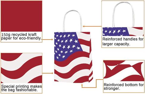 حقيبة هدايا Joffreg الوطنية بمقابض، حقائب هدايا لحفلات العلم الأمريكي، مزخرفة ليوم المحاربين القدامى، ويوم الذكرى والرابع من يوليو، أحمر أزرق وأبيض، 6.30 × 3.15 × 8.27 بوصة، 10 قطع in Kuwait