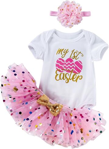 طقم ملابس للفتيات الصغيرات لعيد الفصح الأول بأكمام قصيرة مكون من 3 قطع تنورة مقاس 0-24 شهرًا in Kuwait