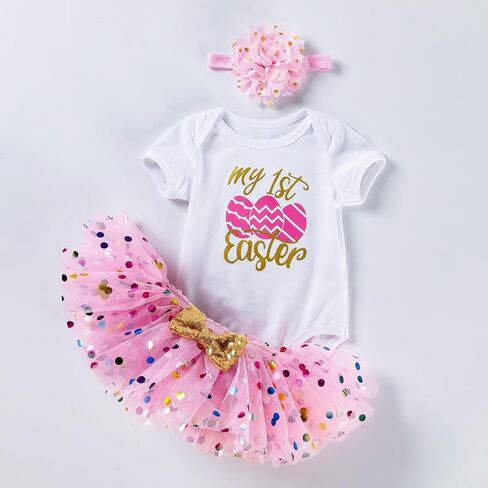 طقم ملابس للفتيات الصغيرات لعيد الفصح الأول بأكمام قصيرة مكون من 3 قطع تنورة مقاس 0-24 شهرًا in Kuwait